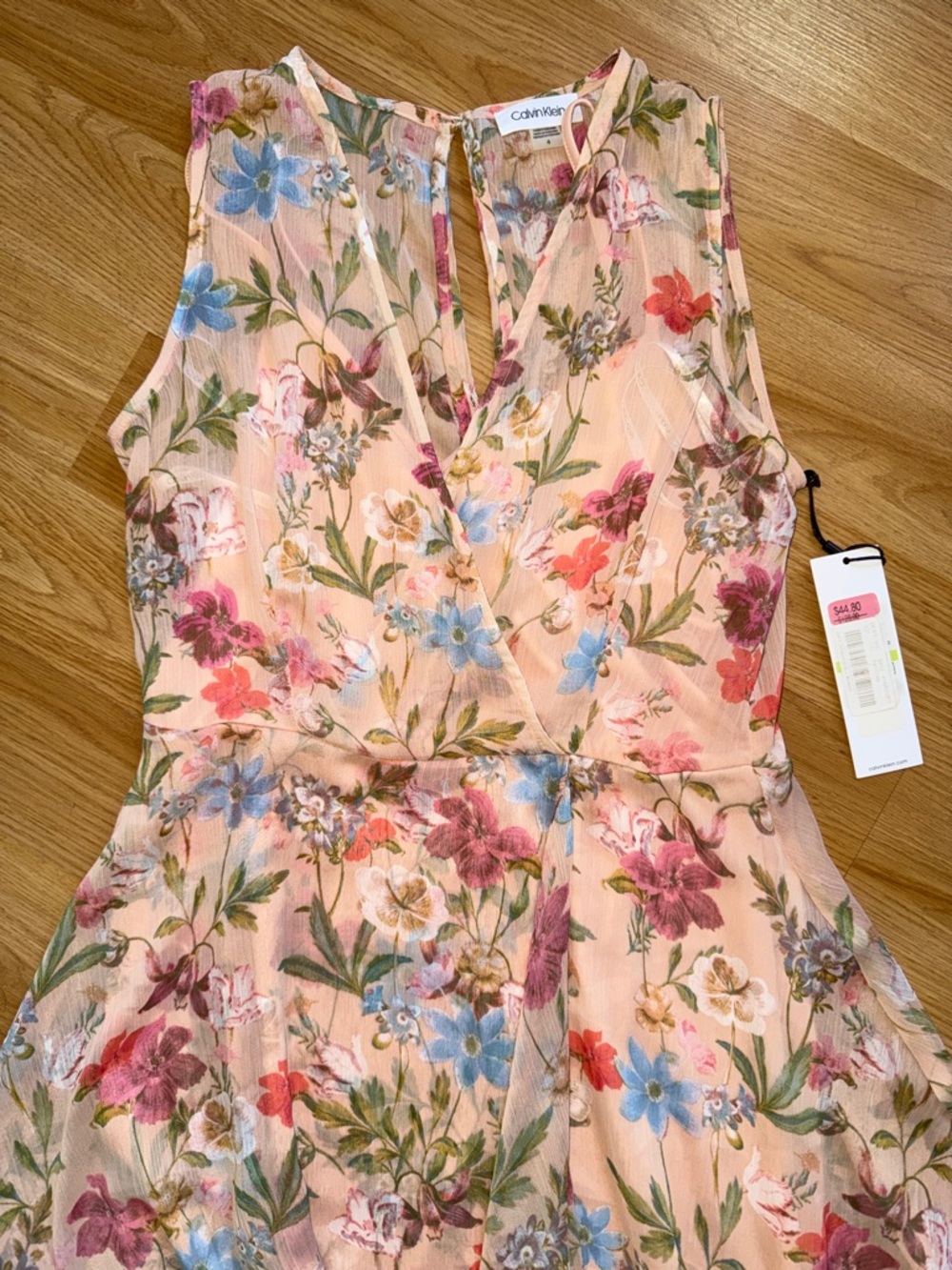NWT Calvin Klein Peach Floral Sleeveless High-Low Sursplice Midi Dress - Picture 3 of 7